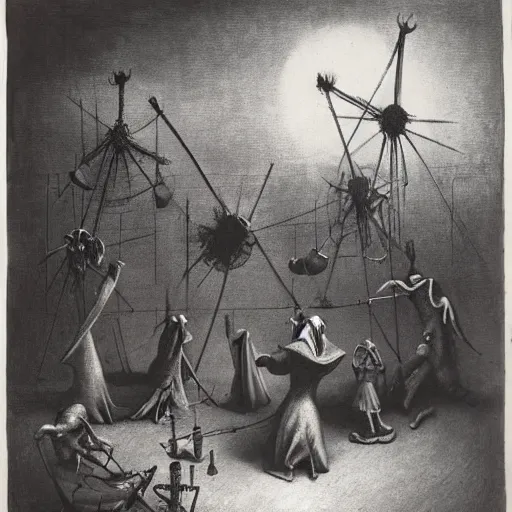 Prompt: plague doctors in the mist with weird rube goldberg machines, minimalist, joel peter witkin, heironymus bosch, gustave dore, beksinski, giger