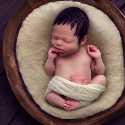 Image similar to baby in traditional cradle board, unreal 5, hyper realistic, realistic, photo realistic, dynamic lighting, highly detailed, cinematic landscape, studio landscape, studio lighting