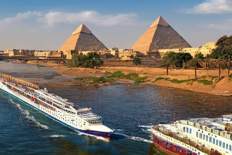 Image similar to realistic photo of the river nile, with the pyramids of giza in the background, a river flowing through the scene, cruise ship in the foreground, sunshine