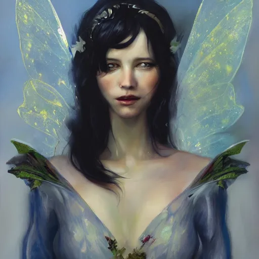 Prompt: Queen of the fae. Fairy people. A fairy Queen. By Phil Hale. By Geoffroy Thoorens. Makoto shinkai ArtStation.