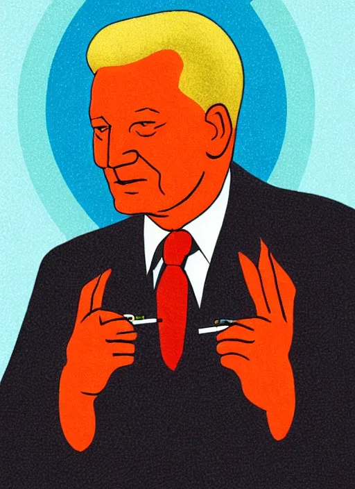 Image similar to president yeltsin smokes a cigarette, icon with a halo, color art in church style 4 k