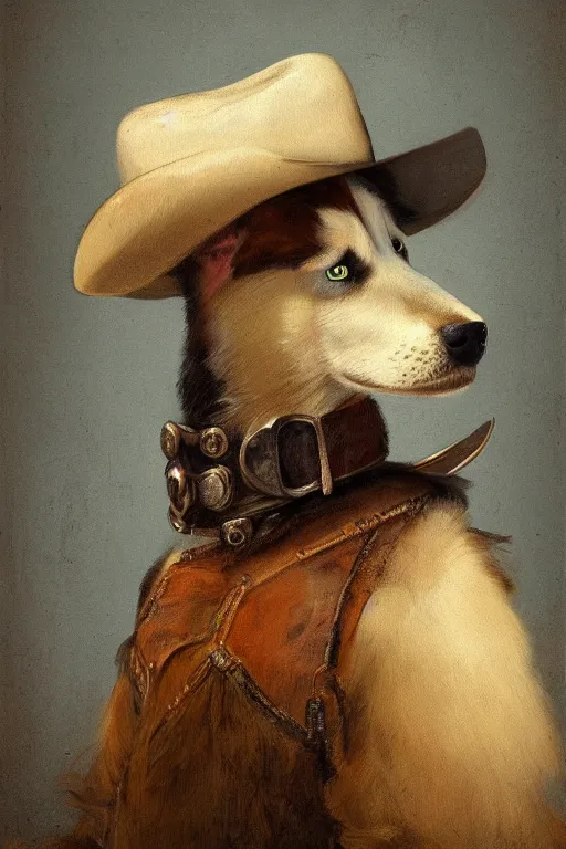 Prompt: a portrait painting of a husky in cowboy costume, wearing a cowboy hat, by rembrandt, [ western film ], humanoid, personify, anthropomorphic, trending on artstation