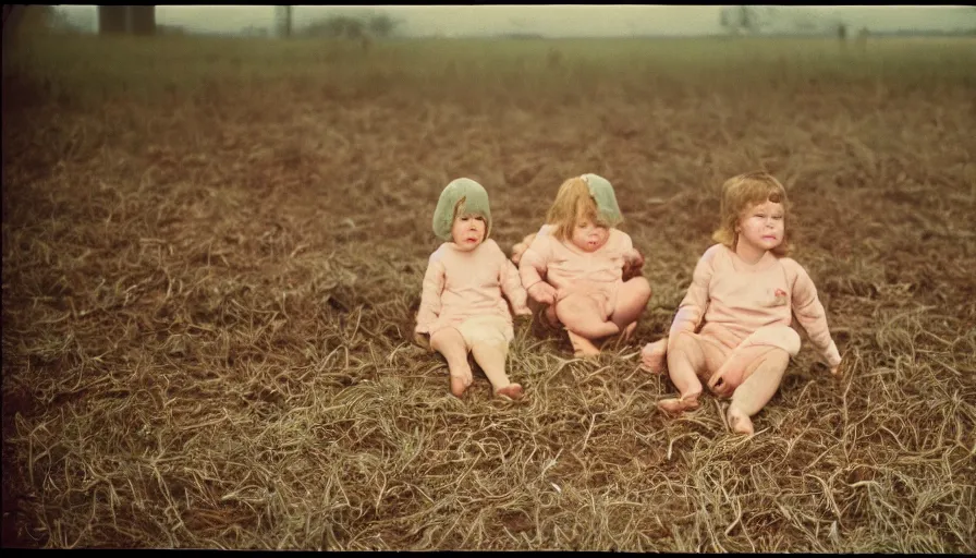 Prompt: 7 0 s film still from a horror movie about evil babies on a farm, kodachrome, cinecolor, cinestill, film grain, film texture, retro, cinematic, high resolution, photorealism,