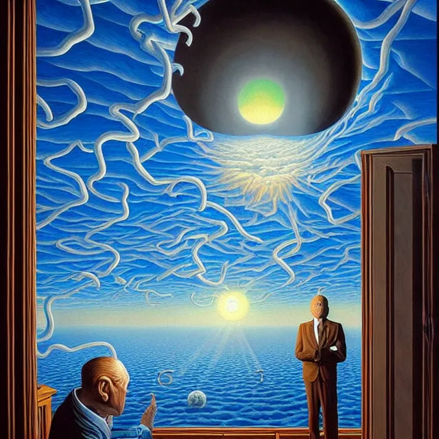 Image similar to an oil on canvas portrait of a man waking up and the sun is shining through the window, surrealism, surrealist, lovecraftian, cosmic horror, rob gonsalves, high detail