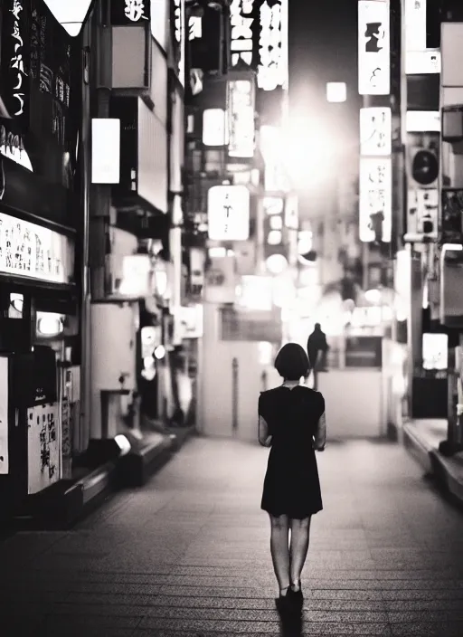 Prompt: symmetry!! a 2 8 mm photo from the back of a woman in tokyo, seen from a distance, long exposure, splash art, movie still, bokeh, canon 5 0 mm, cinematic lighting, dramatic, film, photography, golden hour, depth of field, award - winning, anamorphic lens flare, 8 k, hyper detailed, 3 5 mm film grain