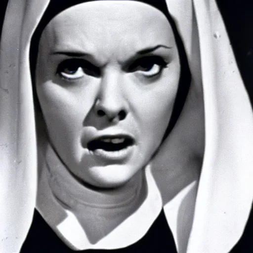 Image similar to skary old nun, movie still, 1960's motion, horror, high quality