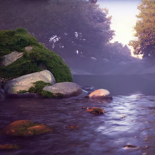 Image similar to a beautiful landscape, river, rocks, trees, volumetric lighting, octane render