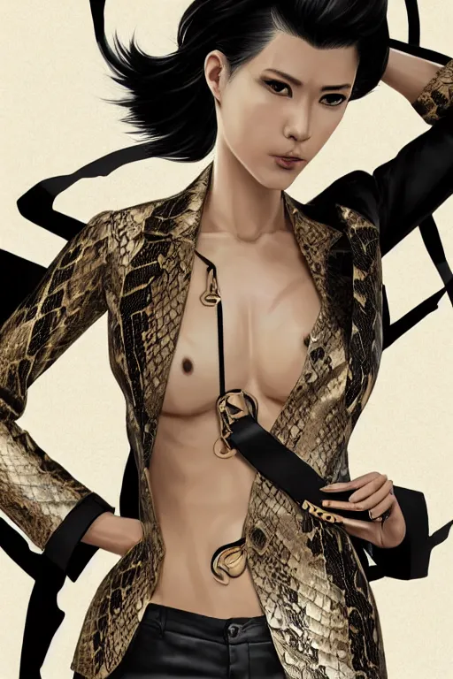 Image similar to yakuza slim girl, gold suit jacket in snake print, jacket over bare torso, yakuza tattoo on body, black short curtain haircut, black leather pants with black belt, portrait, elegant, 2d, ultra highly detailed, digital painting, smooth, sharp focus, artstation, art by Ilya Kuvshinov, rossdraws