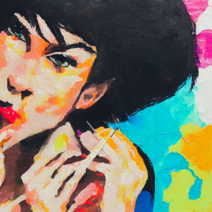 Image similar to portrait of beautiful woman eating sushi painted with colorful gouache impasto