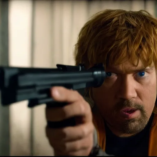 Image similar to shaggy from scooby doo holding a gun, film still from the movie directed by denis villeneuve with art direction by bill ward, wide lens