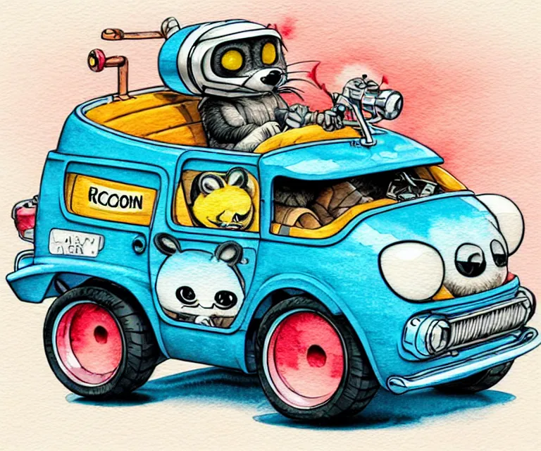 Image similar to cute and funny, racoon wearing a helmet riding in a tiny hot rod with oversized engine, ratfink style by ed roth, centered award winning watercolor pen illustration, isometric illustration by chihiro iwasaki, edited by range murata, tiny details by artgerm and watercolor girl, symmetrically isometrically centered