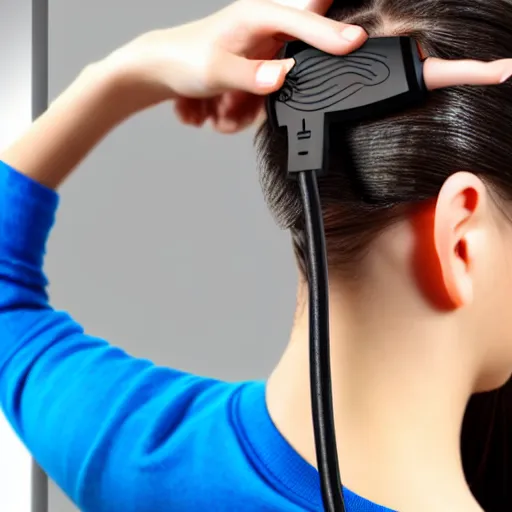 Image similar to usb cable plugged in, back of head, woman, computer, hair clip