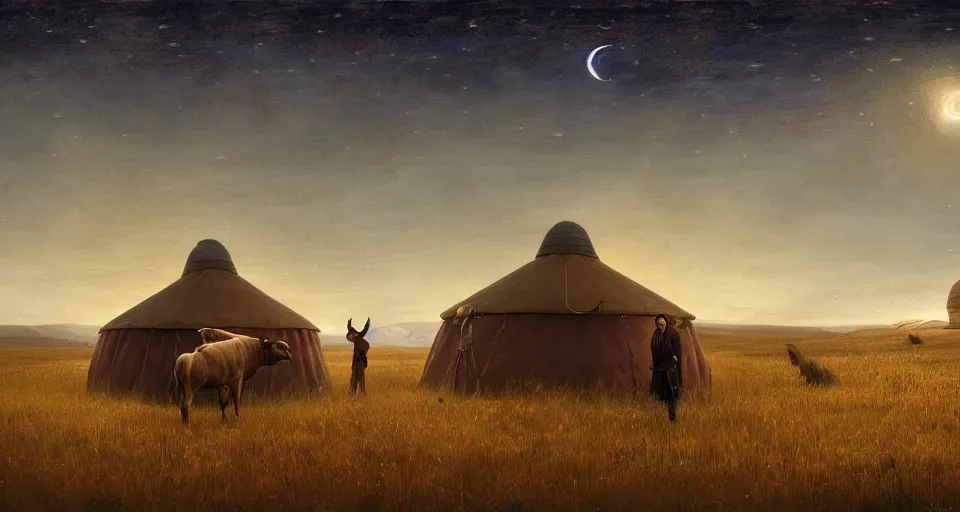 Image similar to deep night, stars shining, a yurt, a bull, in the steppe, summer field, from the game pathologic 2, highly detailed, sharp focus, matte painting, by isaac levitan and asher brown durand,