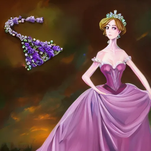 Prompt: Oil painting of a princess wearing a lavanda color dress, and a tiara with emeralds, digital art, 4k, anime style