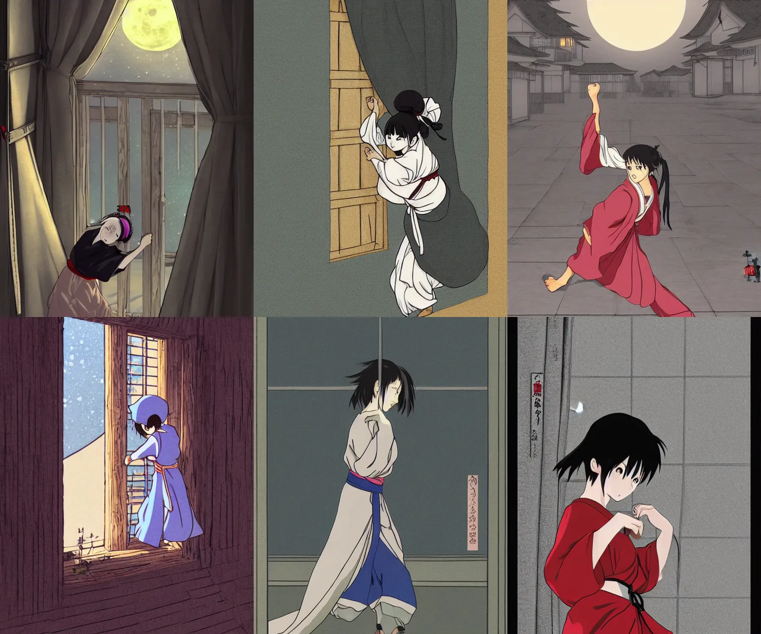 Prompt: A ninja girl in a short peasant kimono, carefully climbing through open window, smooth shading, highly detailed, strong moonlight, digital anime art by Hayao Miyazaki