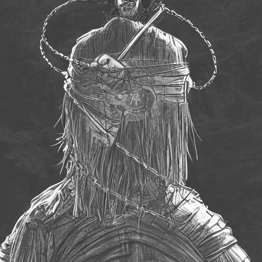 Image similar to a portrait from behind of a samurai man vagabond with a moon behind him, the samurai is wrapped in chains, detailed, illustration, concept art, ink style, sketch