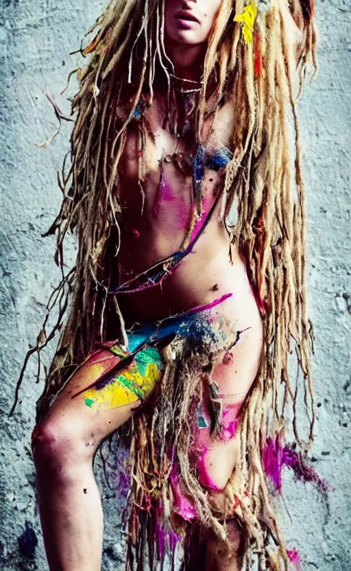 Image similar to astonishingly beautiful woman in tattered clothes, revealing body, blonde thin dreadlocks, make up, hippie chick, punk, rock chick, vivid colors, magazine shot, photo realistic