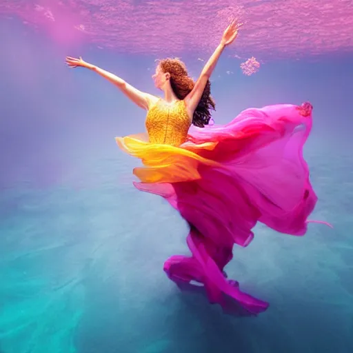 Prompt: woman dancing underwater wearing a flowing dress made of many layers of blue, magenta, and yellow translucent lace, elegant coral sea bottom, swirling silver fish, cycles render, caustics lighting from above, cinematic