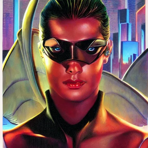 Image similar to portrait of a cyberpunk angel, by alex ross.