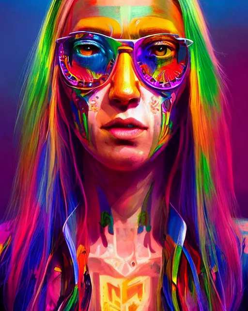 Image similar to colorful character portrait of a hippie from the future, set in the future 2 1 5 0 | highly detailed face | very intricate | symmetrical | professional model | cinematic lighting | award - winning | painted by mandy jurgens | pan futurism, dystopian, bold colors, cyberpunk, groovy vibe, anime aesthestic | featured on artstation