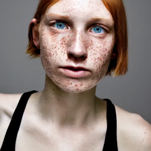 Image similar to an award winning close up portrait of face of cute 1 9 year old white woman with tired eyes, no makeup, freckles, strong jawline, skinny, short straight ginger hair in a bob style, black t shirt, flash photography, photographed by terry richardson,