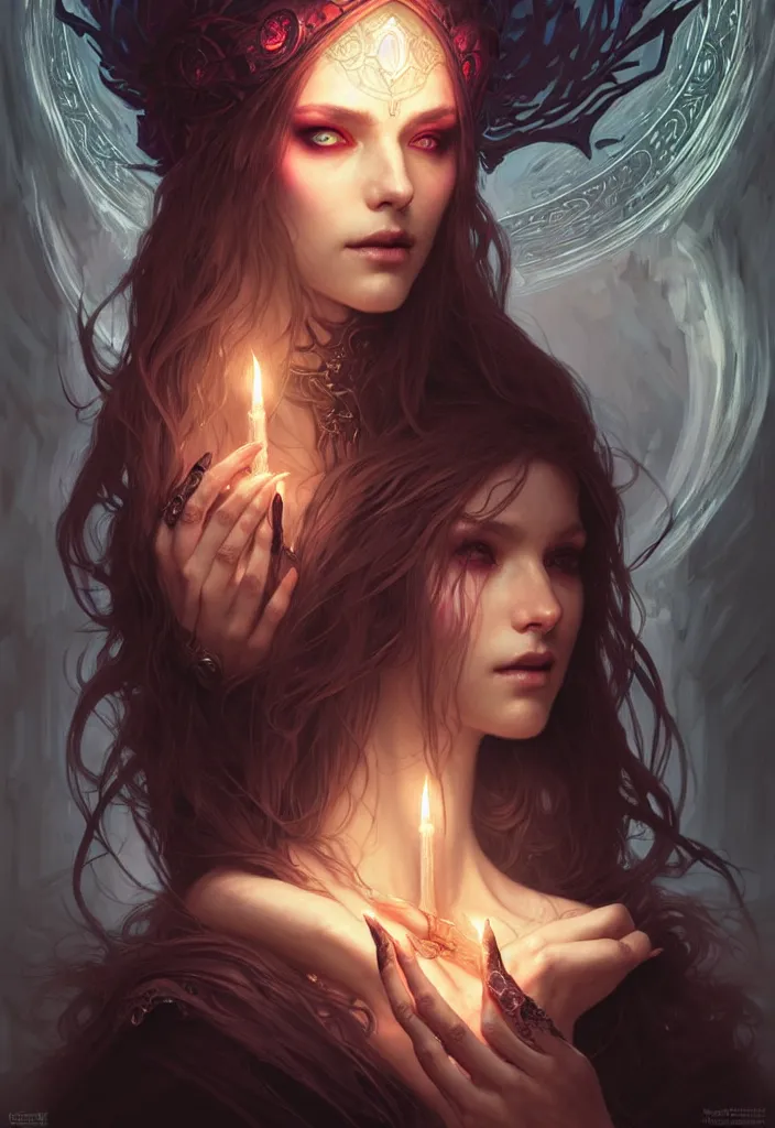 Image similar to Necromancer Sorceress face in center, fantasy magic, undercut hairstyle, dark light night, intricate, elegant, sharp focus, illustration, highly detailed, digital painting, concept art, matte, art by WLOP and Artgerm and Greg Rutkowski and Alphonse Mucha, masterpiece