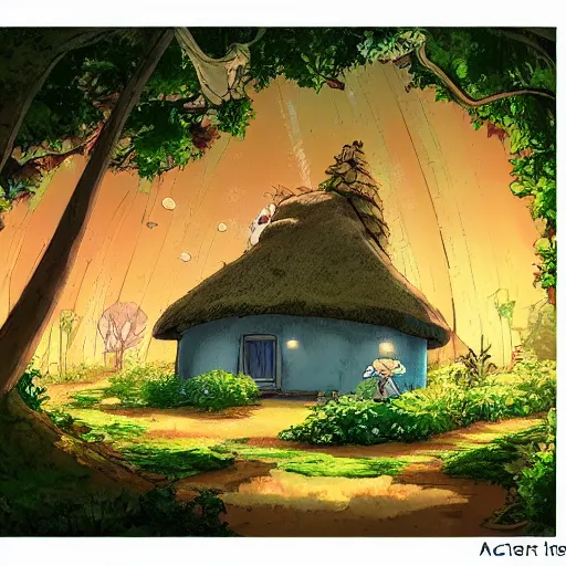 Image similar to a cozy cottage in an overgrown forest, anime, cartoon, studio Ghibli style, golden hour