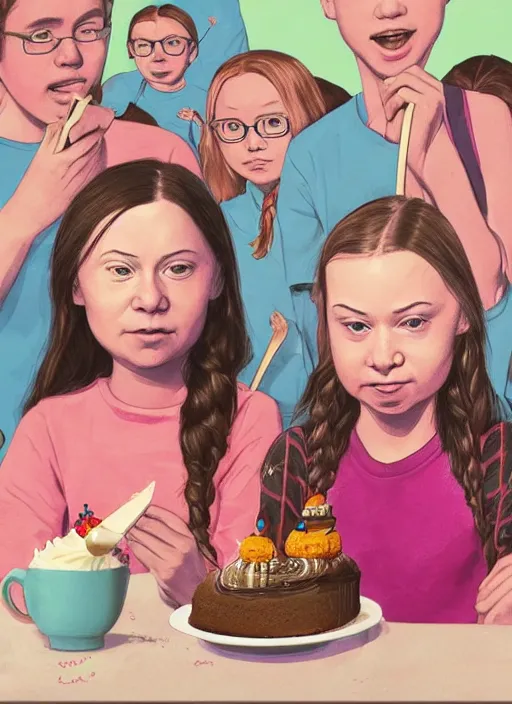 Image similar to greta thunberg eating cakes, detailed digital art, trending on Artstation