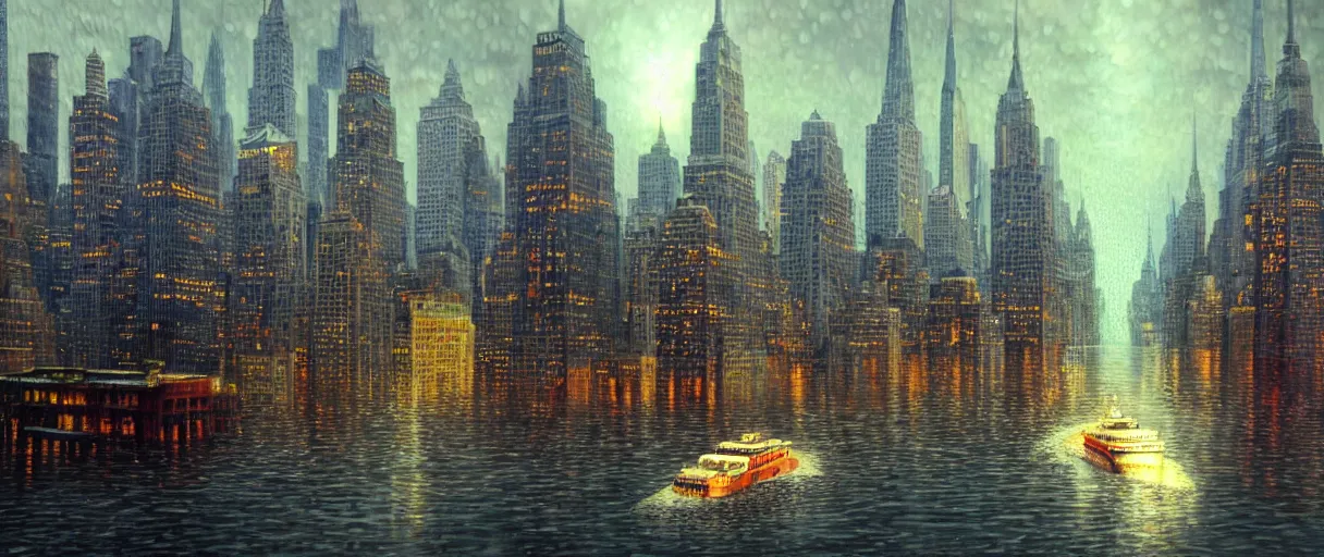 Prompt: new york city with cruising ship sailing at raining night at flooded miniature city, godrays, god helping mystic soul by yoshitaka amano, and artgerm, gediminas pranckevicius