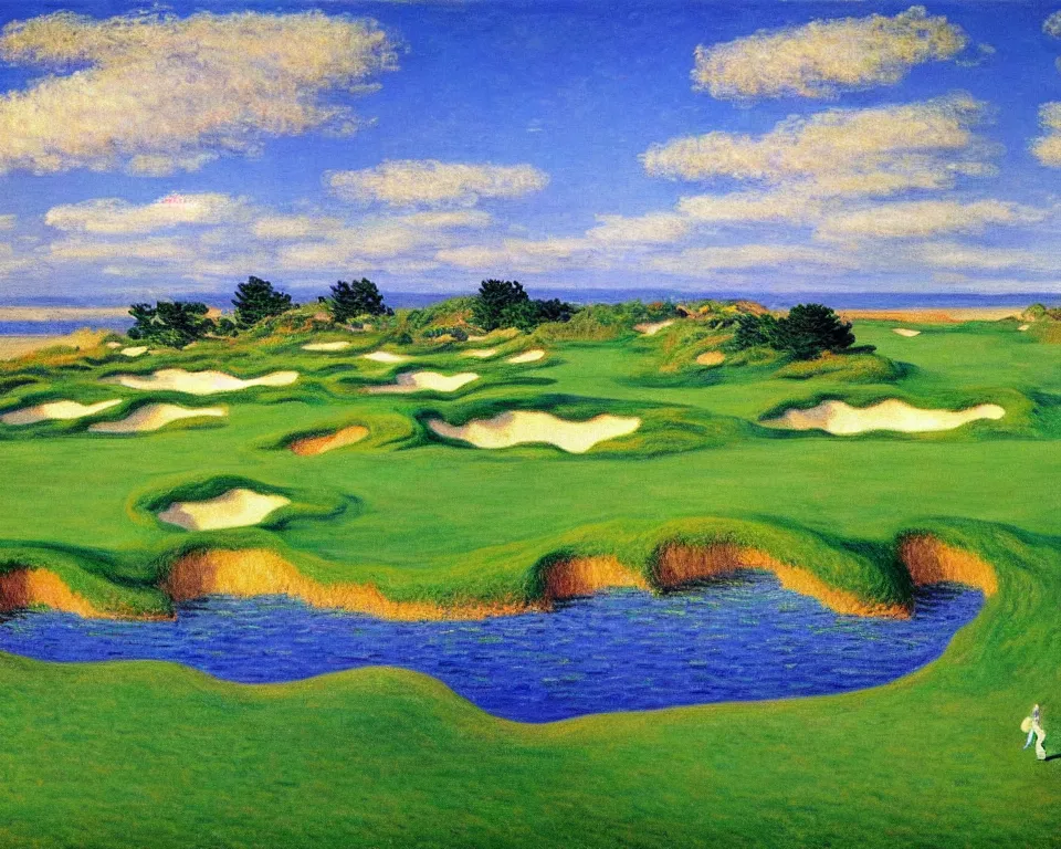 Image similar to achingly beautiful painting of bandon dunes golf course by rene magritte, monet, and turner.