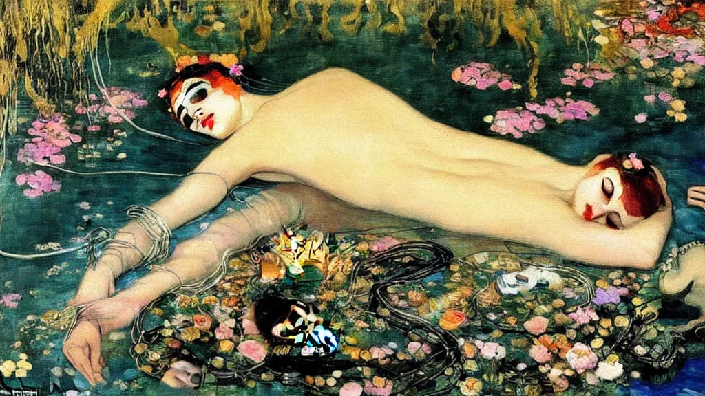 Image similar to prompt: beautiful girl sleeping in the lake with shining face painted by Valentin Serov, nymph in the water performing alchemy, cyborg and robot broken lying around the nymphs, small tiger statue flowers and cables and wire around, artifacts and ancient book, intricate oil painting, high detail, Neo-expressionism