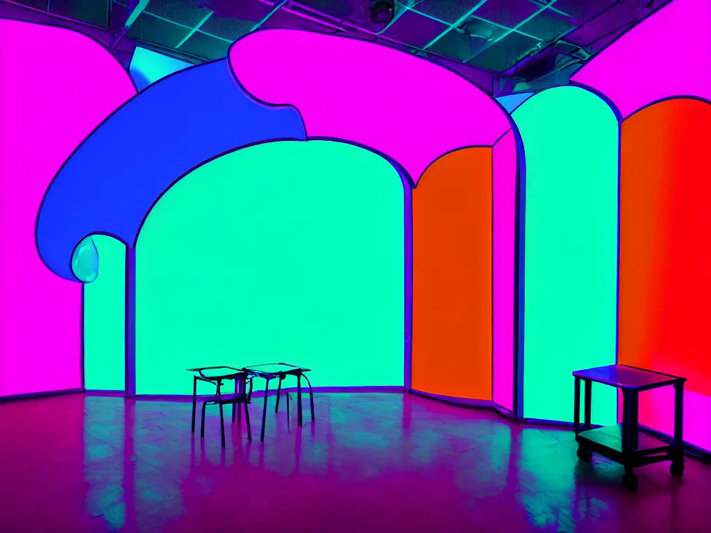 Image similar to room with overlaping curved translucent screens projecting art, large colorful art, pixel perfect image, high contrast, volumetric lighting, tiny neon light, chair, user, pair of keys