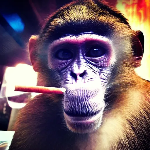 Prompt: Monkey happily smoking on a shisha pipe at a shisha bar, iPhone photo