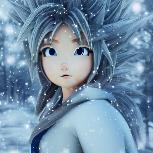 Prompt: portrait focus of angry super saiyan beautiful 3 d anime girl posing, frozen ice dark forest background, snowing, bokeh, inspired by masami kurumada, octane render, volumetric lighting