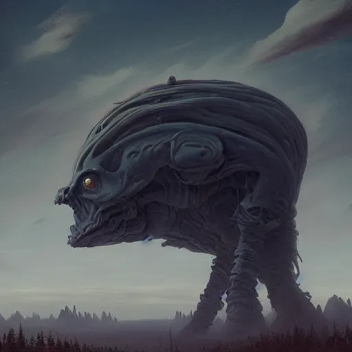 Prompt: a digital painting of a gigantic big enormous humanoid monster standing in the sky, concept art by simon stalenhag and peter mohrbacher cgsociety, vanitas, ominous, lovecraftian, speedpainting, apocalypse art. mist. hyper - realistic. photo realistic. octane render. detailed masterpiece. extreme wide shot.