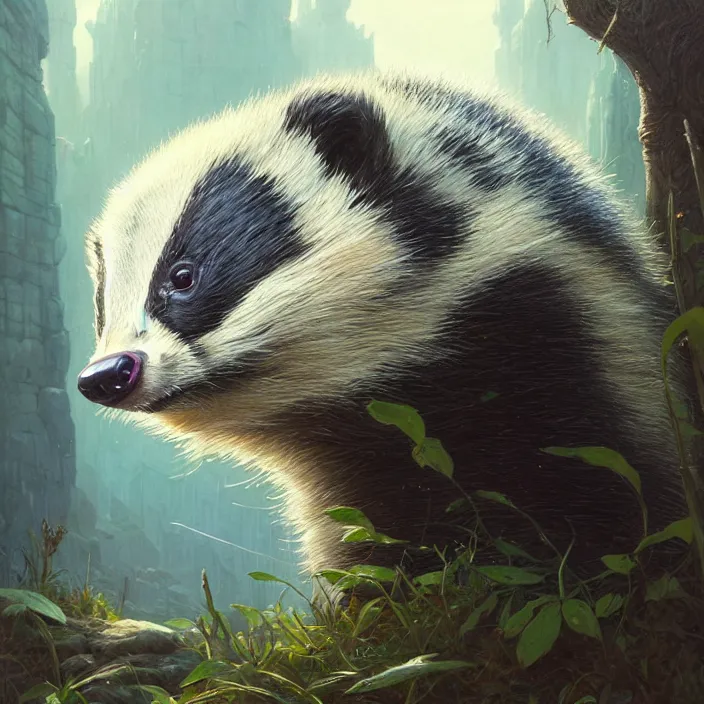 Image similar to highly detailed portrait of a cute badger, unreal engine, fantasy art by greg rutkowski, loish, rhads, ferdinand knab, makoto shinkai and lois van baarle, ilya kuvshinov, rossdraws, tom bagshaw, alphonse mucha, global illumination, radiant light, detailed and intricate environment