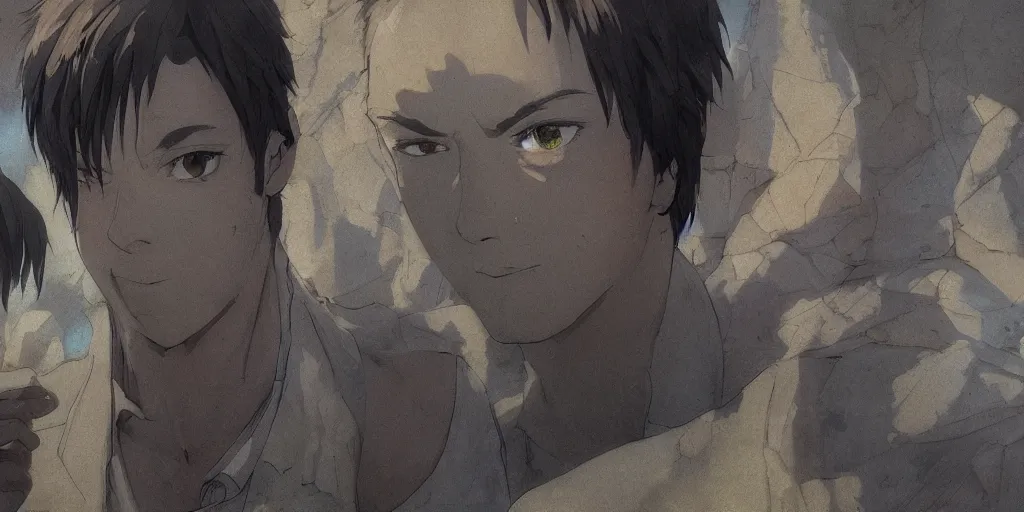 Image similar to a film still portrait of phil spencer, finely detailed features, closeup at the faces, perfect art, at an ancient city, gapmoe yandere grimdark, trending on pixiv fanbox, painted by greg rutkowski makoto shinkai takashi takeuchi studio ghibli, akihiko yoshida,