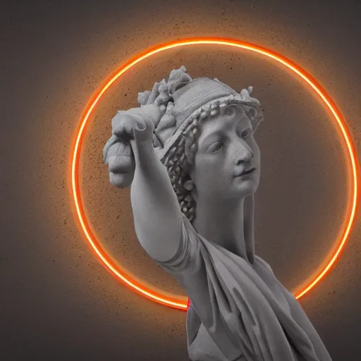 Image similar to a renaissance statue surrounded by a neon ring 3 d render, black background, ray tracing, 8 k resolution, shar focus, hyper detailed, hyper realistic