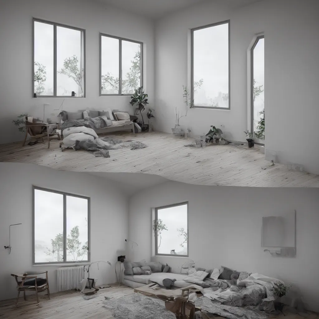 Prompt: Hyper realistic. Danish heritage and Nordic home, plaster walls. the tiny home, big window frame. living room. Furnished with minimal furniture . ultra wide shot .minimal design. Future design. architecture design. foggy environment. Cinematography. mega scans. sloped site. cinematic. hyper realistic. photorealistic. cinematic composition. highly detailed. Vray. Corona render. 8k. render