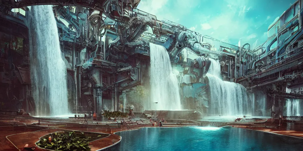 Image similar to beautiful pool waterfalls surrounded by alien robots, steel archways, industrial buildings, rusty metal towers, sun setting, ross tran, fantasy, james jean, peter morbacher, angelarium, alchemy, luxury, heavenly light, soft illumination, trending on artstation, cinematic lighting, digital painting, octane render, artgerm