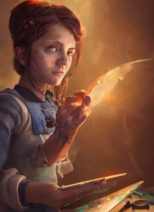 Image similar to An epic fantasy comic book style portrait painting of a young tinker girl working on a device in her workshop, unreal 5, DAZ, hyperrealistic, octane render, cosplay, RPG portrait, dynamic lighting