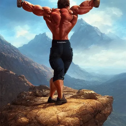 Image similar to arnold schwarzenegger lifting a literal mountain, highly detailed, shallow depth of field, art by artgerm and greg rutkowski