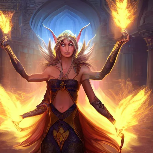 Prompt: digital art of half-elf sorceress from dungeons and dragons, a fireball spell forms in her hands, in a crowded ancient persian city, insanely detailed, depth of field unreal engine ultra-wide angle lens, volumetric lighting, vivid color,