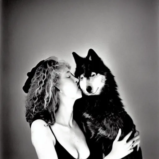 Image similar to the beautiful lady and the wolf, black and white, by richard avedon,