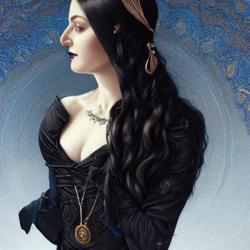 Image similar to full body portrait of a dark haired girl with blue eyes, gentle round face, with a bright smile, intricate detailed black goth dress, highly detailed, deep focus, elegant, digital painting, smooth, sharp focus, golden ratio, illustration, ultra realistic, 8 k, art by artgerm, caravaggio and vittorio reggianini