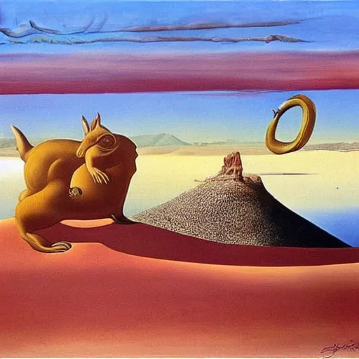 Image similar to dali surrealist painting of a giant golden rabbit in the middle of the desert