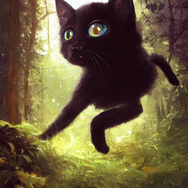 Prompt: a beautiful painting of a cute black kitten in a forest. big eyes. pixar character design by cory loftis, fenghua zhong, ryohei hase, ismail inceoglu and ruan jia. artstation, volumetric light, detailed, photorealistic, rendered in octane