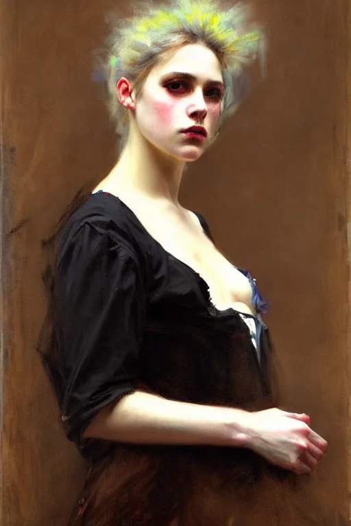 Prompt: solomon joseph solomon and richard schmid and jeremy lipking victorian genre painting full length portrait painting of a young beautiful woman punk rocker