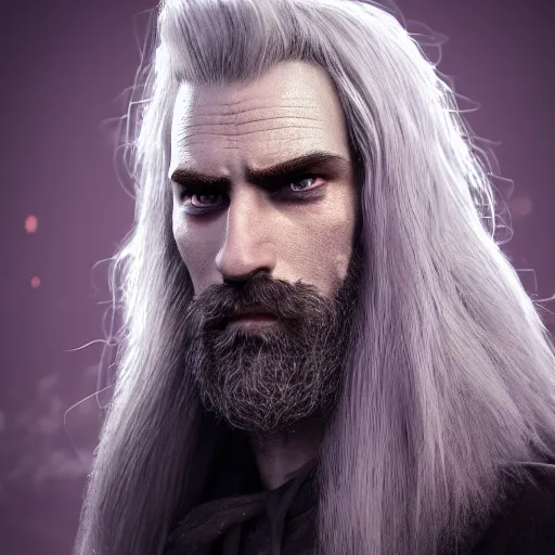 Image similar to a highly detailed portrait of a man without a beard, purple eyes, light gray long hair, wearing a black cloak, artstation, DeviantArt, professional, octane render