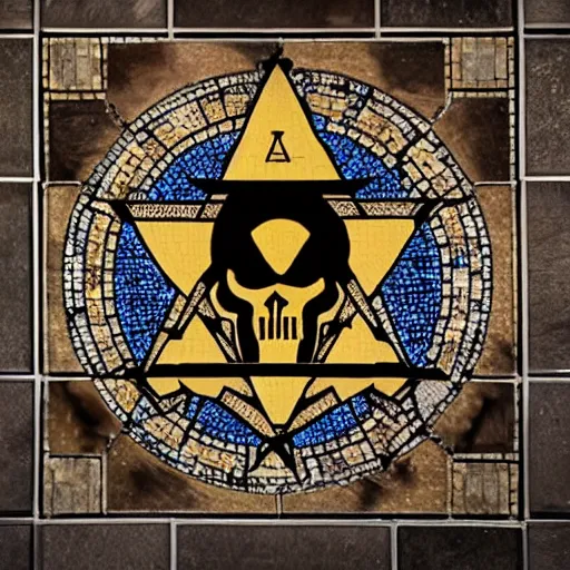 Prompt: looking within the dimly lit masonic temple, punisher symbol in the form of a masonic tile floor mosaic in the form of punisher symbol in spotlight